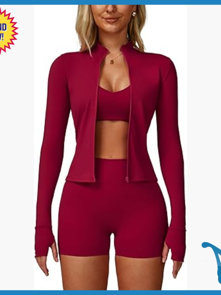 3 Piece Workout Set Long Sleeve Jacket Sports Bra High Waist Shorts Size 4-6